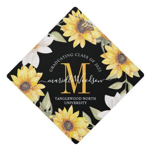Graduation Monogram Class Of 2022 Sunflowers Black Graduation Cap Topper
