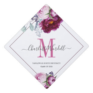 Graduation Monogram Floral Script Name Cap Topper