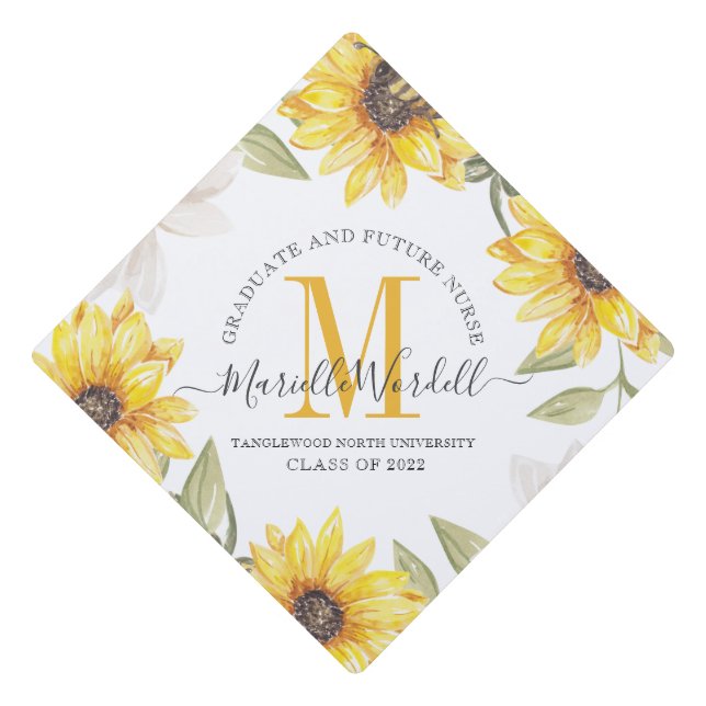 Graduation Monogram Future Nurse Sunflowers Floral Cap Topper (Front)