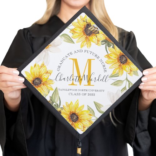Graduation Monogram Future Nurse Sunflowers Floral Graduation Cap Topper