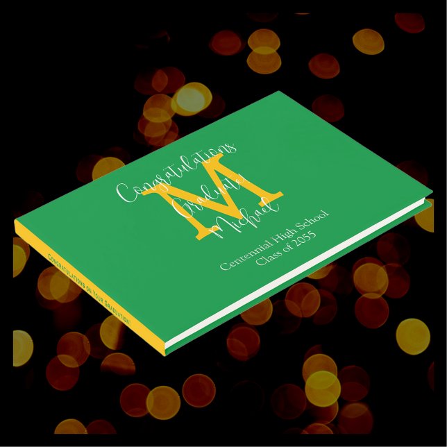 Graduation Monogram Green Gold and White Sign-In Guest Book (Creator Uploaded)