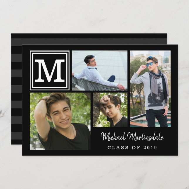 Graduation Monogram Photo Collage Black Invitation (Front/Back)