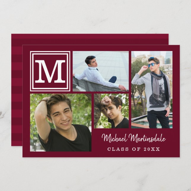 Graduation Monogram Photo Collage Burgundy Maroon Invitation (Front/Back)