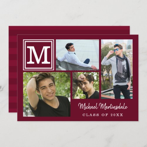 Graduation Monogram Photo Collage Burgundy Maroon Invitation