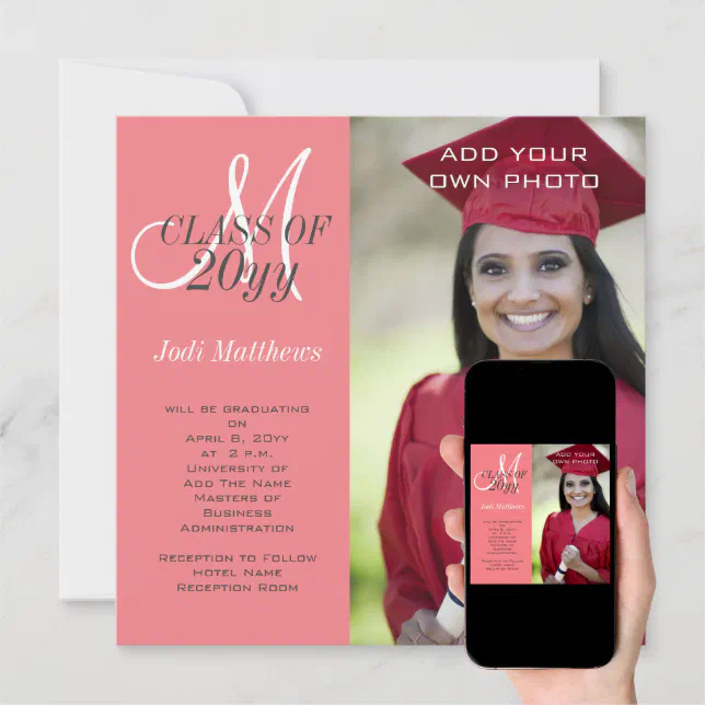 Graduation Monogram Photo Coral Pink Invitation | Zazzle