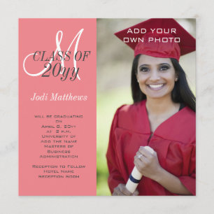 Graduation Monogram Photo Coral Pink Invitation