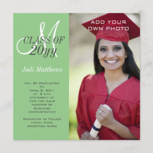 Graduation Monogram Photo Green Invitation