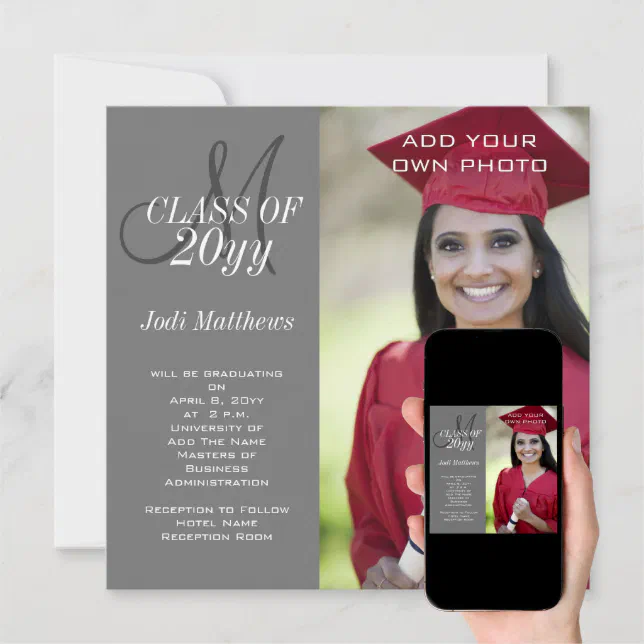 Graduation Monogram Photo Grey Invitation Zazzle 6421