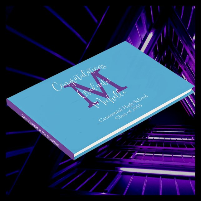 Graduation Monogram Sky Blue Purple White Sign-In Guest Book (Creator Uploaded)