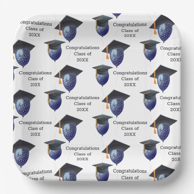 Graduation Mortarboard and Balloons Paper Plates (Front)