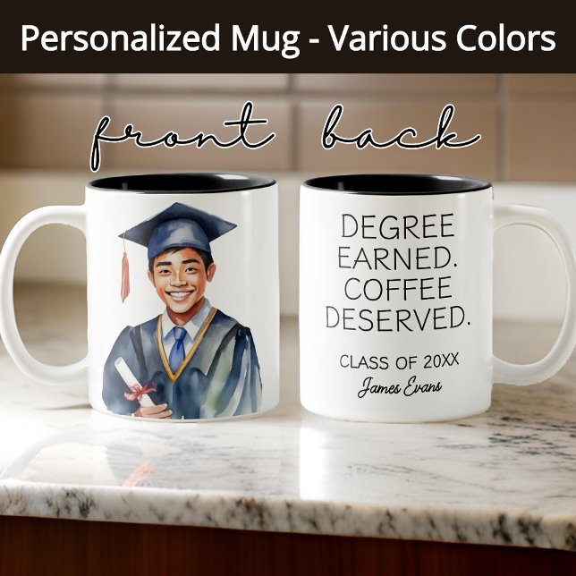 Graduation Mug, Custom Name Class of 2025 Gift Two-Tone Coffee Mug (graduation mug, funny graduation gift, custom grad mug, class of 2025, college graduate gift)