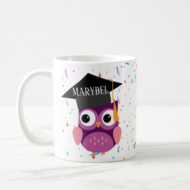 Graduation Mug with purple owl cap and gown (Left)