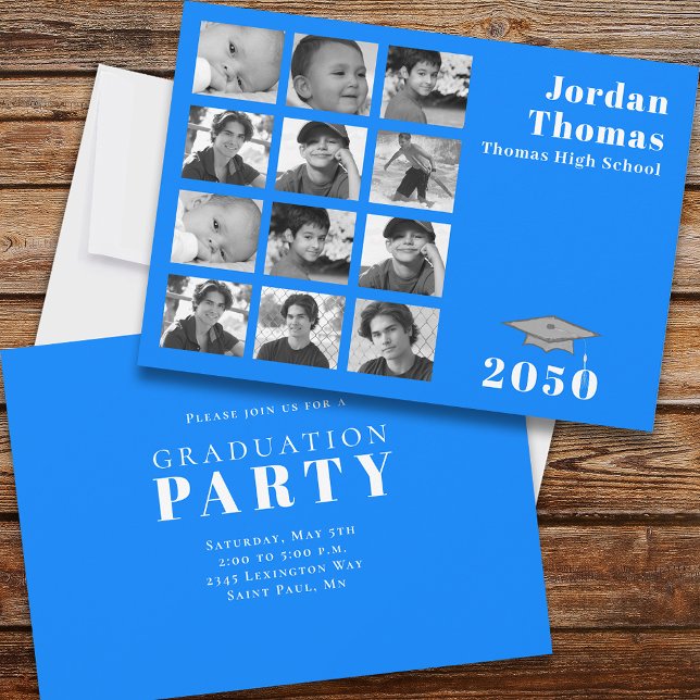Graduation Multi Photo Collage Minimalist Blue Invitation (Creator Uploaded)