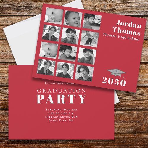 Graduation Multi Photo Collage Minimalist Red  Invitation