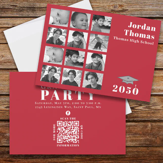 Graduation Multi Photo Collage Simple Red QR Code Invitation Zazzle