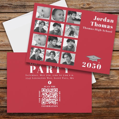 Graduation Multi Photo Collage Simple Red QR Code Invitation