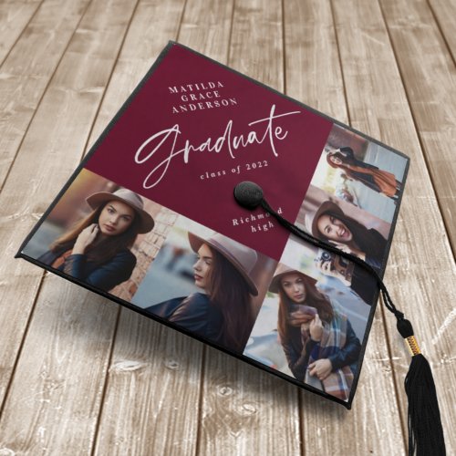 Graduation multi photo modern elegant burgundy graduation cap topper