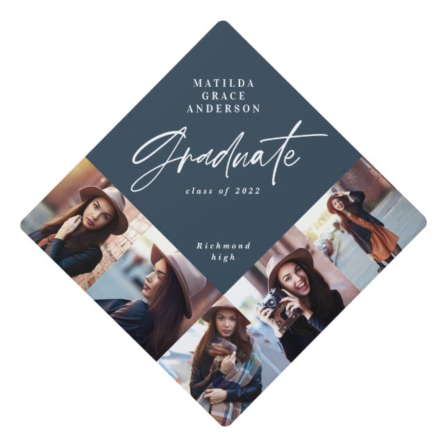 Graduation multi photo modern elegant navy blue graduation cap topper (Front)