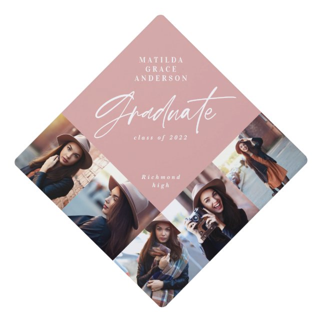 Graduation multi photo modern elegant pink girly graduation cap topper (Front)