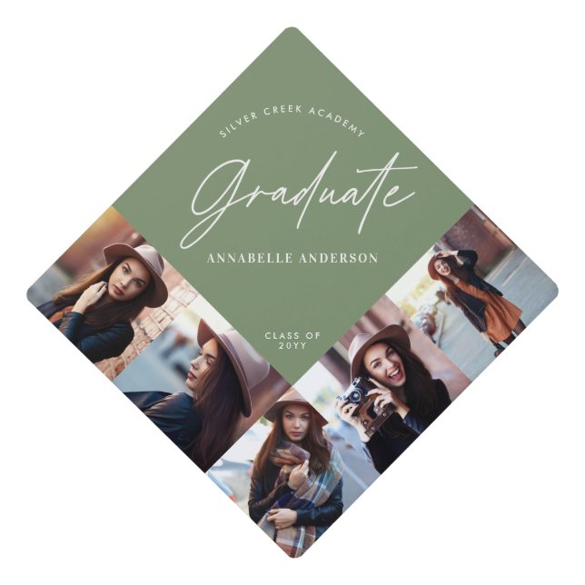 Graduation multi photo modern elegant sage green graduation cap topper (Front)