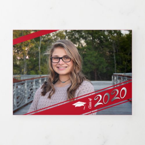 Graduation Multi Photo Simple Red Conffeti 2020 Tri_Fold Announcement