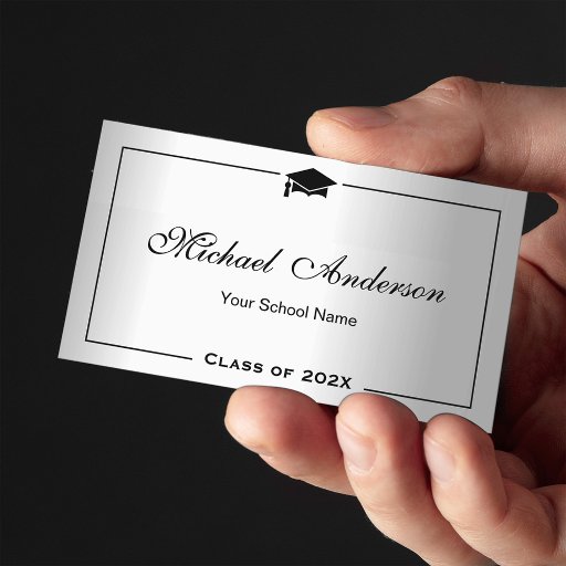 Customizable Graduation Name Card Namecard Silver Metallic Look Double-Sided Standard Business Cards (Pack Of 100)