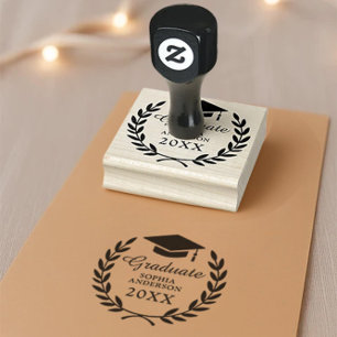 Graduation Name & Year Laurel Wreath Grad Cap Rubber Stamp