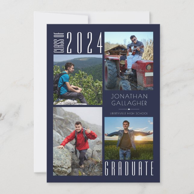 Graduation Navy Blue 4 Photo Collage Announcement (Front)