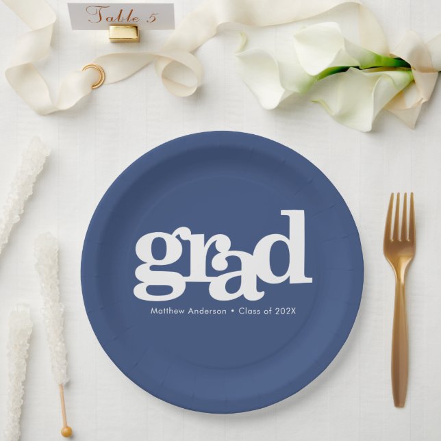 Graduation navy blue bold modern simple typography paper plates (Wedding)