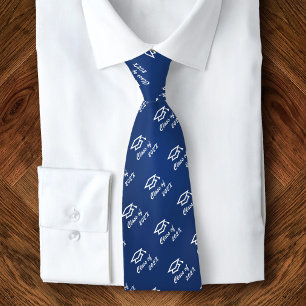 Graduation Navy Blue Cap Icon Pattern Class Year Neck Tie