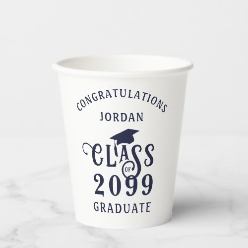 Graduation Navy Blue Class Year Congrats Name Paper Cups