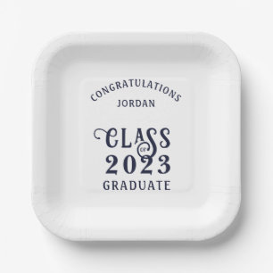 Graduation Navy Blue Class Year Congrats Name Paper Plates