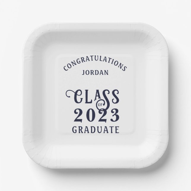 Graduation Navy Blue Class Year Congrats Name Paper Plates (Front)