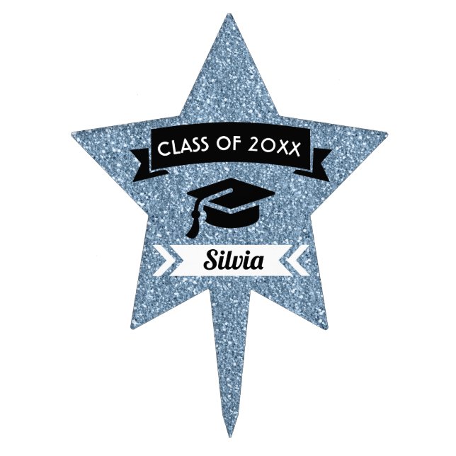 Graduation Navy Blue Glitter Star Cake Topper (Front)