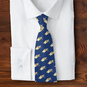 Graduation Navy Blue Gold Foil Cap Icon Pattern Neck Tie