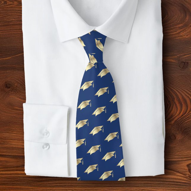 Graduation Navy Blue Gold Foil Cap Icon Pattern Neck Tie (Creator Uploaded)