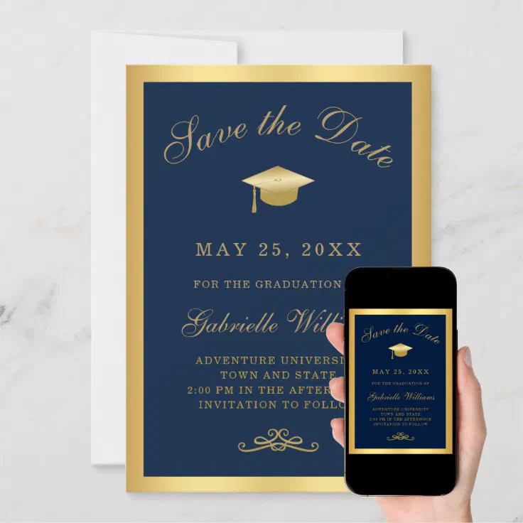 Graduation Navy Blue Gold Frame Save the Date Announcement | Zazzle