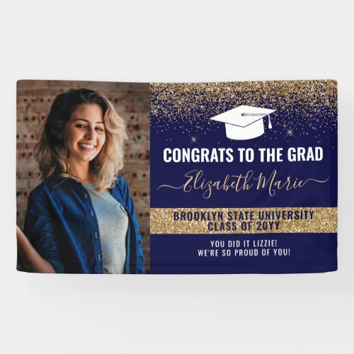 Graduation Navy Blue Gold Glitter 2021 Class Photo Banner