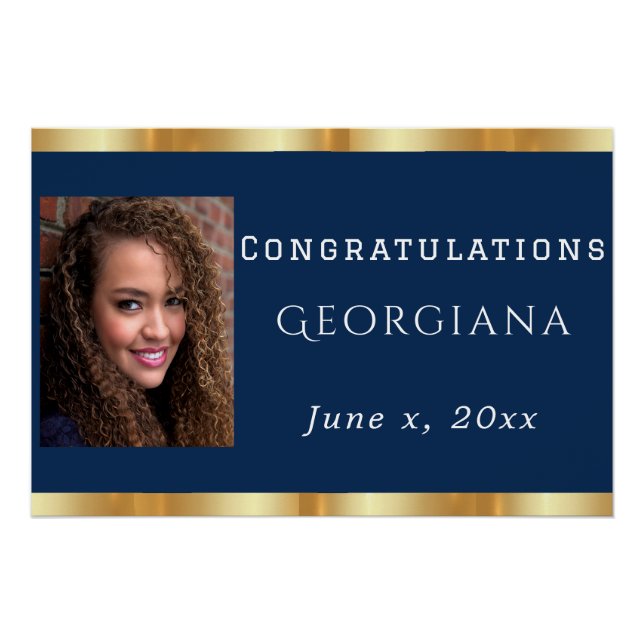 Graduation Navy Blue Gold Satin Photo Poster (Front)