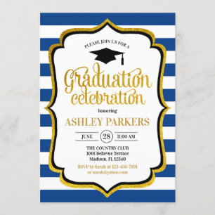 Graduation - Navy Blue Gold White Invitation