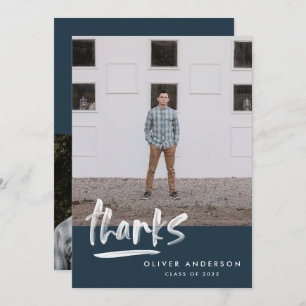 Graduation navy blue script 3 photo thank you invitation