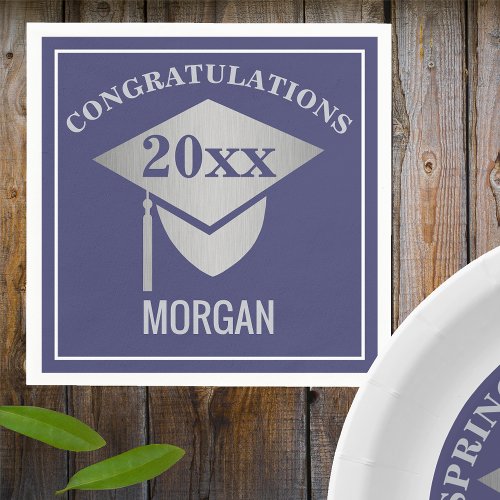 Graduation Navy Blue Silver Cap Congratulations Napkins