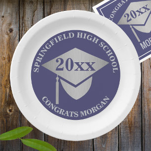 Graduation Navy Blue Silver Decorative Party Paper Plates
