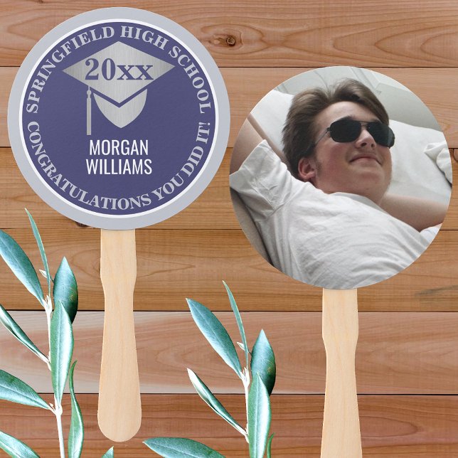 Graduation Navy Blue Silver Photo Congratulations Hand Fan (Creator Uploaded)
