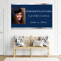 Graduation Navy Blue Silver Satin Grad Cap Poster