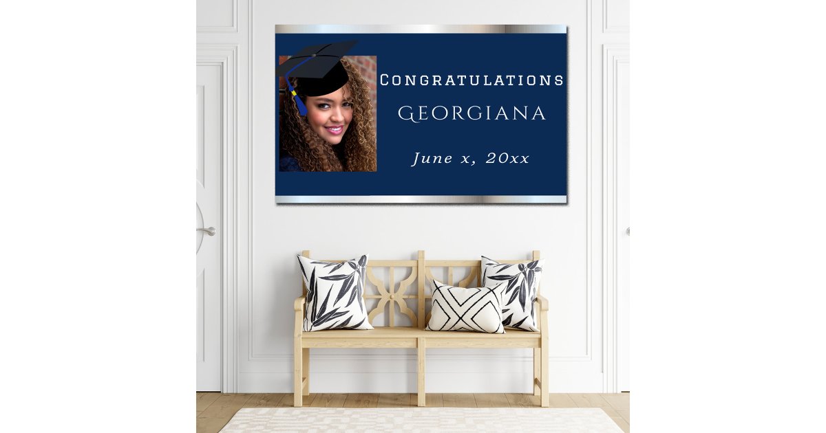 Graduation Navy Blue Silver Satin Grad Cap Poster | Zazzle