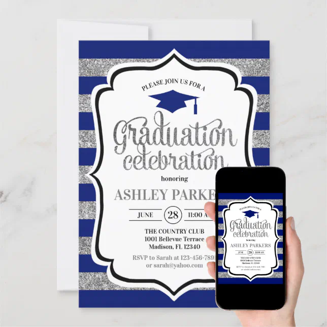 Graduation - Navy Blue Silver Stripes Invitation | Zazzle