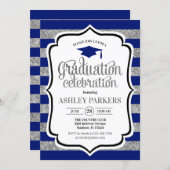 Graduation - Navy Blue Silver Stripes Invitation (Front/Back)