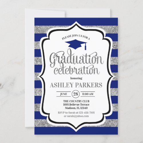 Graduation _ Navy Blue Silver Stripes Invitation