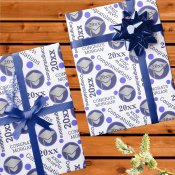 Graduation Navy Blue Silver Typography Add Year Wrapping Paper by ArtfulDesignsByVikki at Zazzle